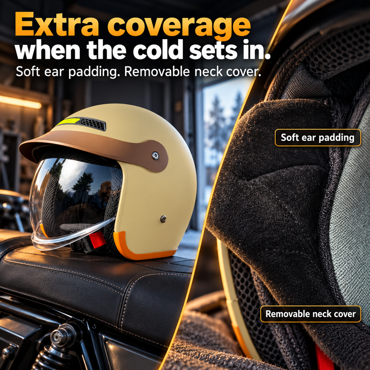 Yellow motorcycle helmet with enlarged soft ear padding and removable neck-cover material.
