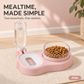 Pink 2-in-1 pet feeding station with an inverted water bottle and removable food bowl