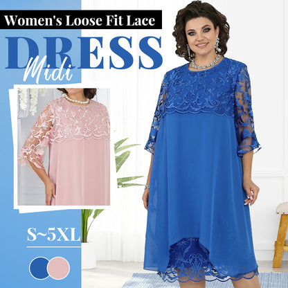 🥳2026 HOT SALE🥳💞50K+ SOLD!👗💨 40% OFF! Sheer Lace Midi Dress – Flattering round neck, soft & wrinkle-resistant. Sheer sleeves add elegance. Pink & blue, sizes up to 5XL. Every curve celebrated. 🎀✅
