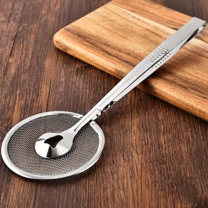 ✨ 2-in-1 Stainless Steel Food Tongs & Oil Strainer – Integrated Fine Mesh, Durable 410 Steel & Ergonomic Comfort Handle – Scoop, Drain & Hold Fried Foods with Ease 🥢