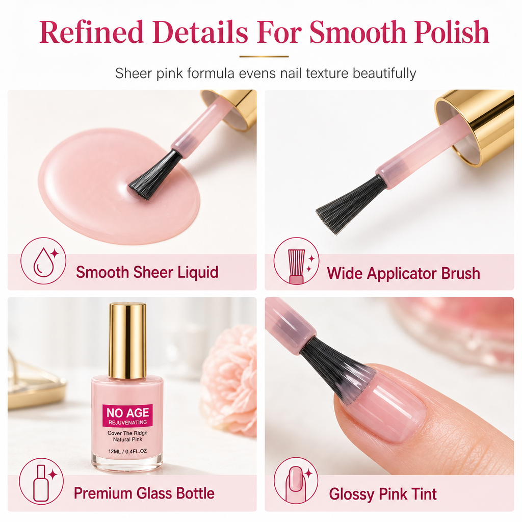 Pink liquid polish, flat brush, glass bottle and glossy nail finish