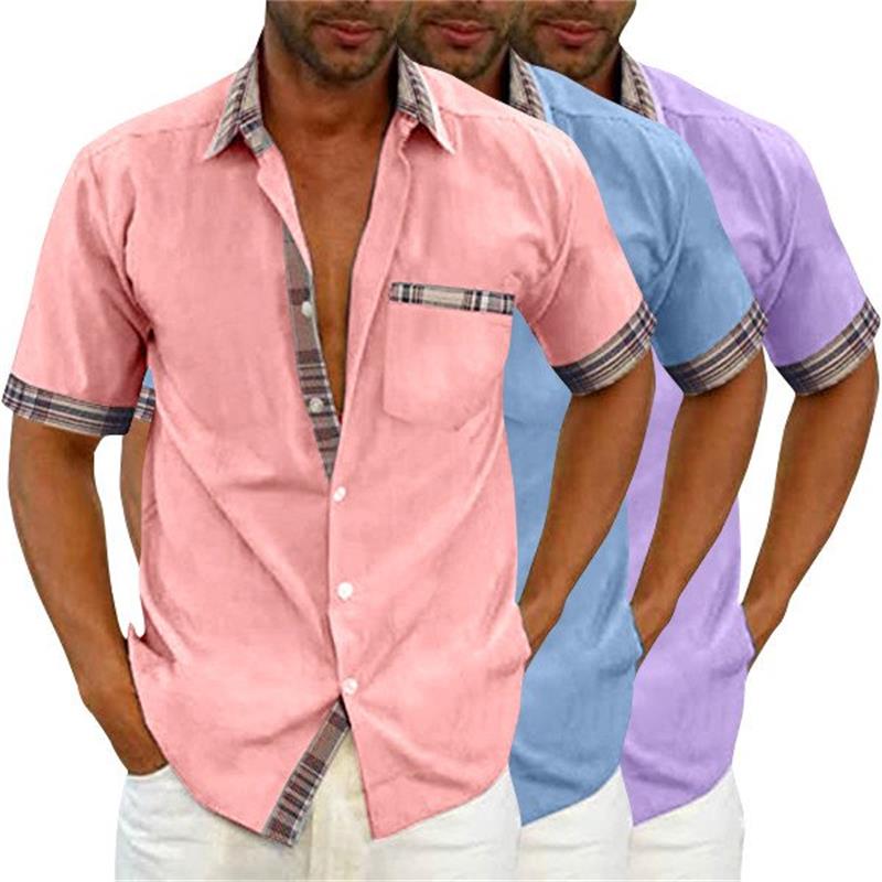 Chemise d'été décontractée à col en plaid et à boutons pour hommes-1